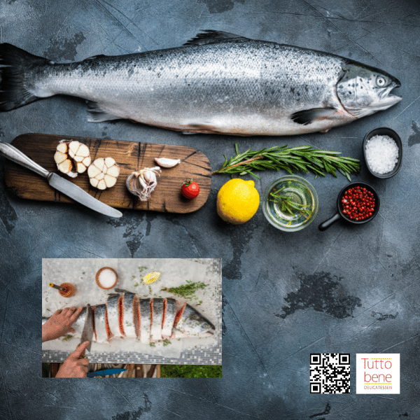 Salmón entero fresco, refrigerado, eviscerado con cabeza, 4-5 kg, grado Sashimi de grado A
