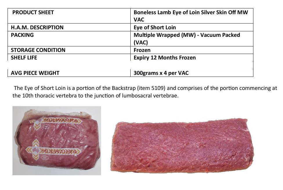 Mulwarra AUS Lamb Loin Boneless Eye Of Loin Silver Skin Off 300g x 4pcs per pack