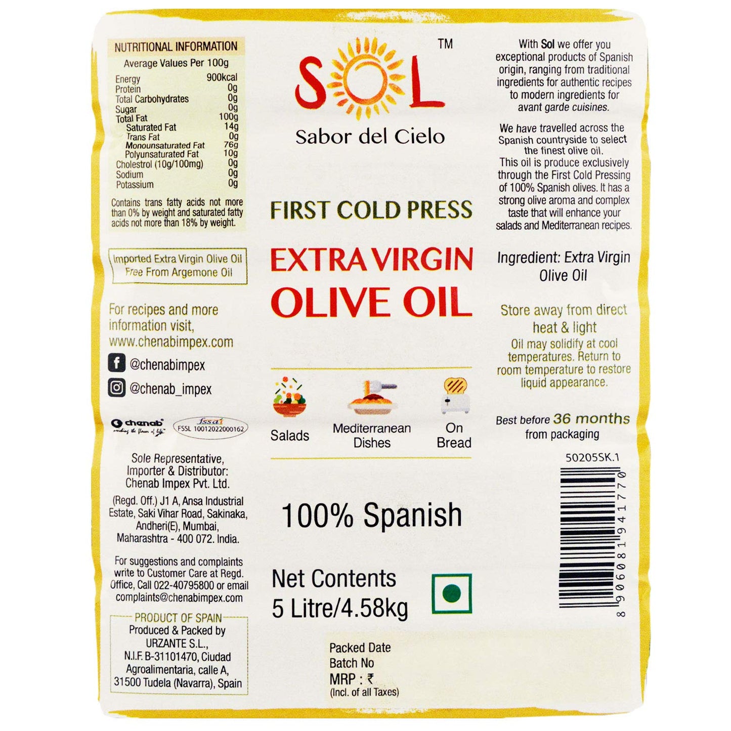 SOL Extra Virgin Olive Oil 5L - 100% Spanish Genuine Olive Oil