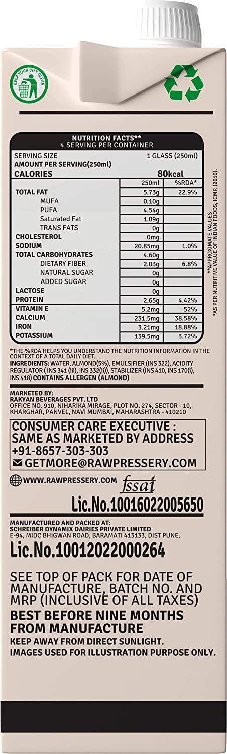 Raw Pressery Almond Milk Plain Unsweetened 1L - reddotgreendot