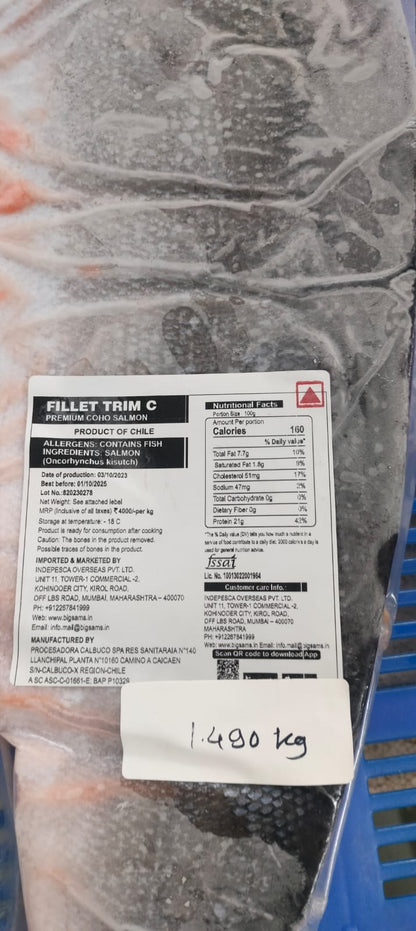 Filete De Salmón Crudo Entero Congelado C-Trim - Criado En Granjas Chilenas COHO
