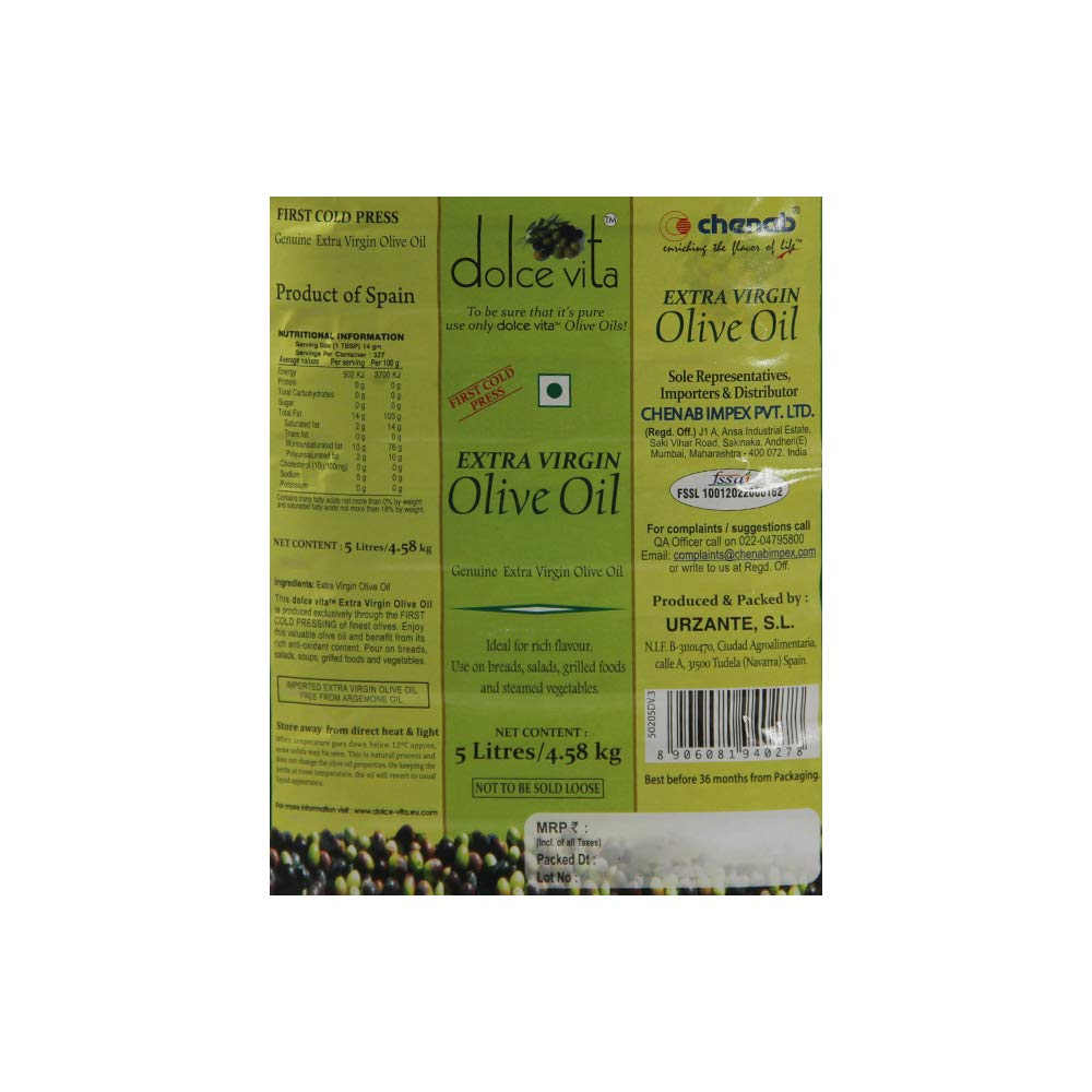 Dolce Vita Extra Virgin Olive Oil 5L - 100% Italian Genuine Olive Oil