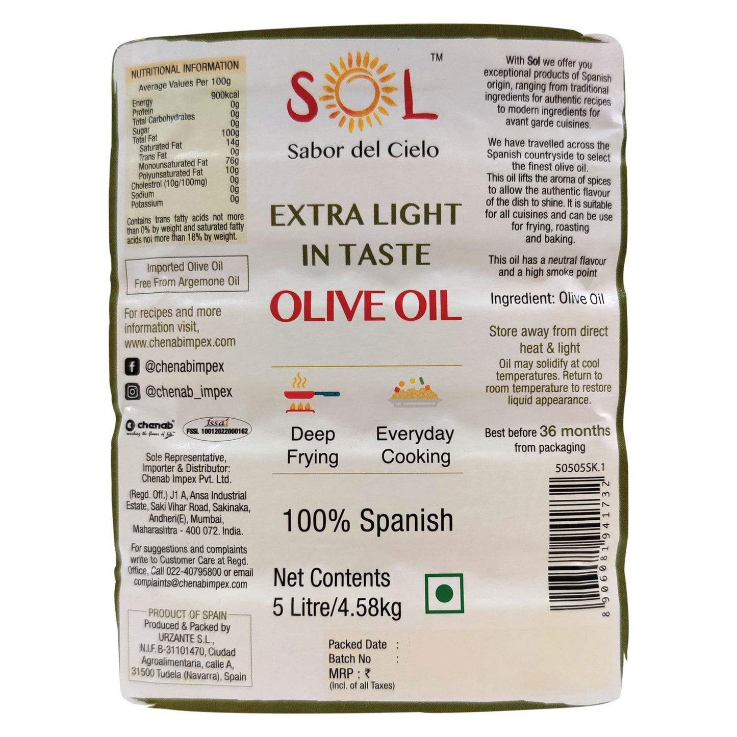 SOL Extra Light Olive Oil 5L - 100% Spanish Genuine Olive Oil