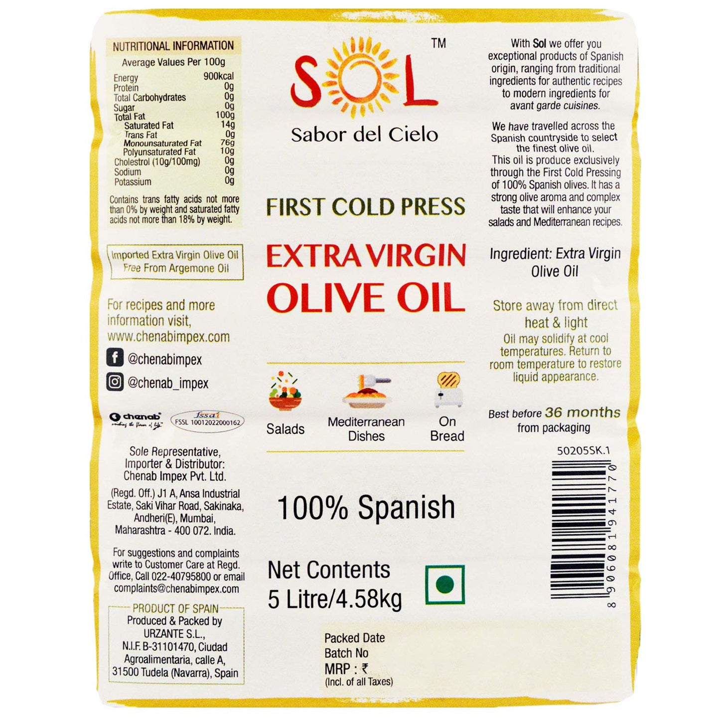 SOL Extra Virgin Olive Oil 5L - 100% Spanish Genuine Olive Oil