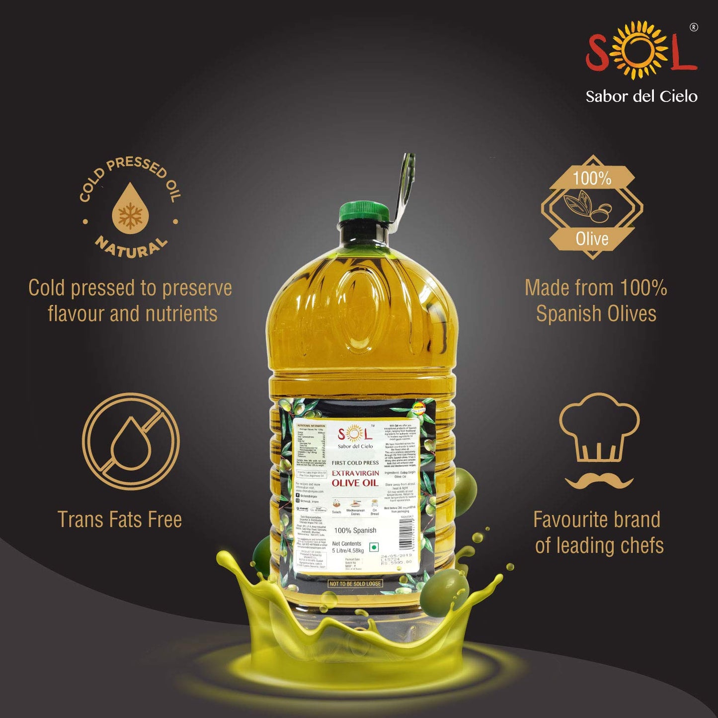 SOL Extra Virgin Olive Oil 5L - 100% Spanish Genuine Olive Oil